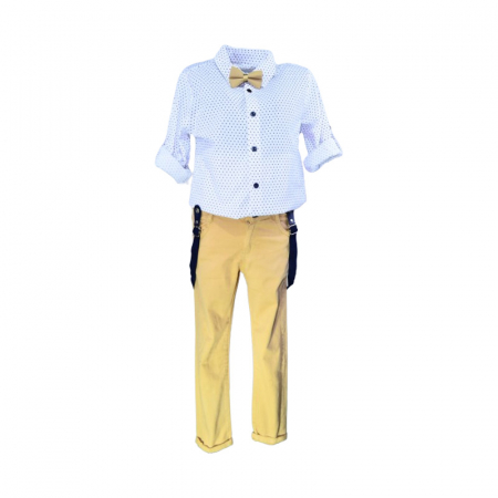 Compleu 4 piese pantaloni, camasa, papion si bretele pentru baieti Mini Junior COMP-5810, Bej [4]