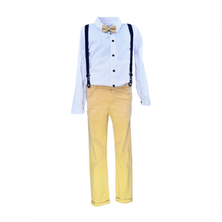 Compleuri baieti maneca lunga - Compleu 4 piese pantaloni, camasa, papion si bretele pentru baieti Mini Junior COMP-5810, Bej