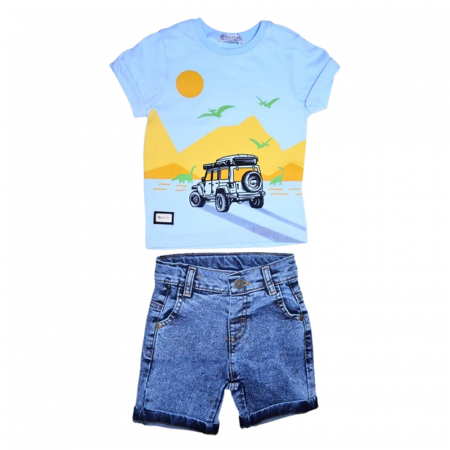 Compleuri baieti de vara - Compleu de vara, din 2 piese, pentru baieti, tricou si pantaloni scurti, Mini Junior, 1667BA, Albastru