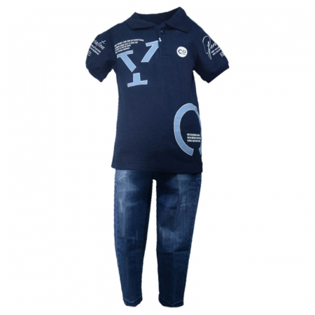 Compleuri baieti de vara - Compleu din 2 piese tricou si blugi pentru baieti WIGGLE KIDS 220323-B, Bleumarin
