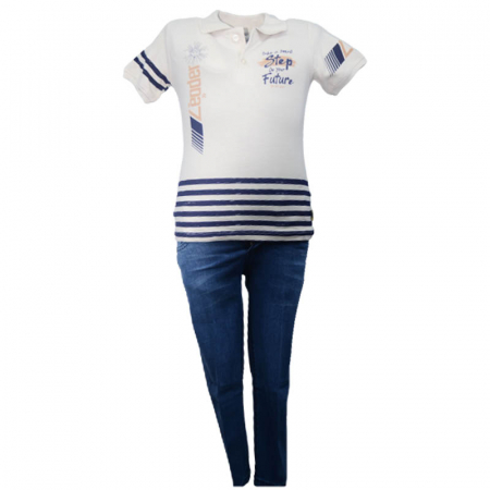 Compleuri baieti de vara - Compleu din 2 piese tricou si blugi pentru baieti WIGGLE KIDS 220323-CR, Crem