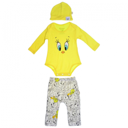 Compleuri  fete maneca lunga - Compleu din 3 piese pantaloni, body si caciula, pentru fete, Mini Junior 4030G, Galben