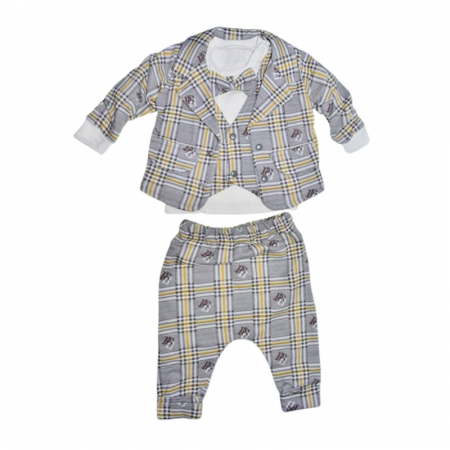Compleuri baieti maneca lunga - Compleu in carouri, format din 3 piese, pentru baieti, Mini Junior 1322G, Gri