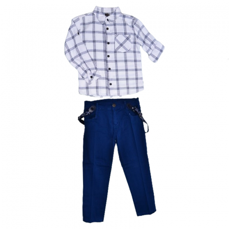 Compleuri baieti maneca lunga - Compleu format din 3 piese pantaloni, camasa si bretele pentru baieti Mini Junior COMP-1271, Albastru
