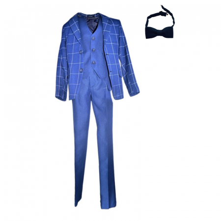 Costume elegante - Costum elegant din 4 piese, Slim Fit, in carouri, pentru baieti, LA Kids 1807-22, Albastru inchis