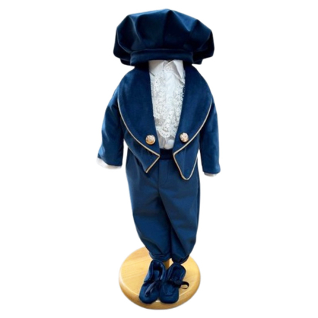 Costume elegante de la 0 la 9 luni - Costum elegant din catifea, pentru botez, 5 piese, pentru baieti, Mini Junior CA52427A-0, Albastru