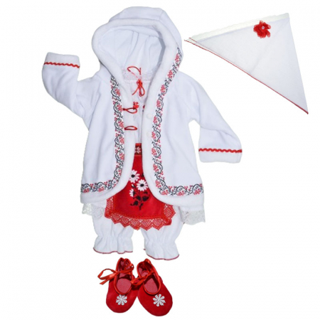 Costum popular - Costum traditional romanesc 6 piese pentru fete Mini Junior 300124-1, Alb