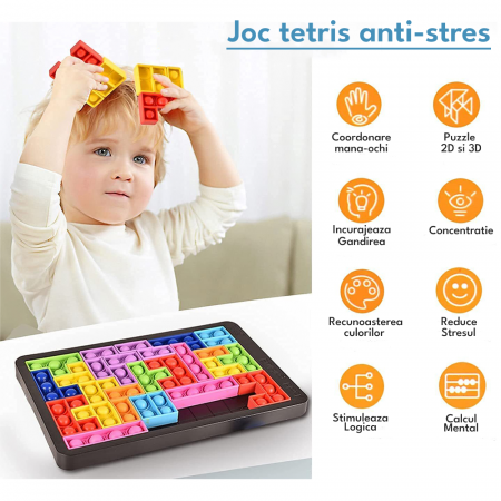 Jocuri si jucarii educative - Joc clasic de tetris+Puzzle+Joc Pop It cu 24 de piese multicolore din silicon, 3+ani, WP1510