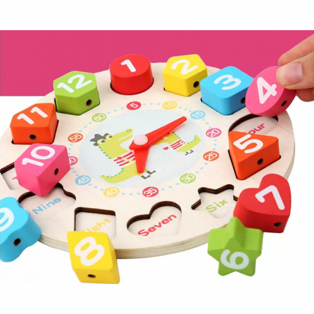 Jucarie 3 in 1 Ceas, Puzzle si Joc de snuruit din lemn, WD 7024-A [1]