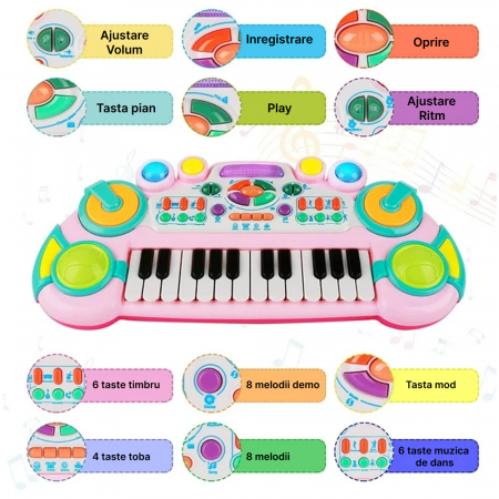 Jucarie interactiva mini pianina cu 24 de taste, luminite multicolore si functie de inregistrare, 35 x 15 cm,+3ani, MZ1010 [1]