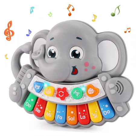 Jucarii interactive - Jucarie interactiva muzicala cu functii si lumini, mini orga Elefant RCO, 21 x 17 cm, +18 luni, WW7005-A