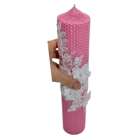 Lumanare din ceara, tip fagure, cu dantela, pentru botez 30 x 5,5 cm, Mini Junior L2011R2, Roz [2]