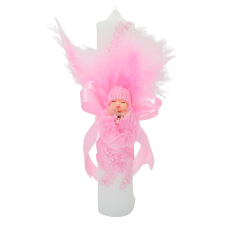 Lumanari botez - Lumanare din parafina, cu dantela si pene, pentru botez, 35 x 6,5 cm, Mini Junior L1511, Roz