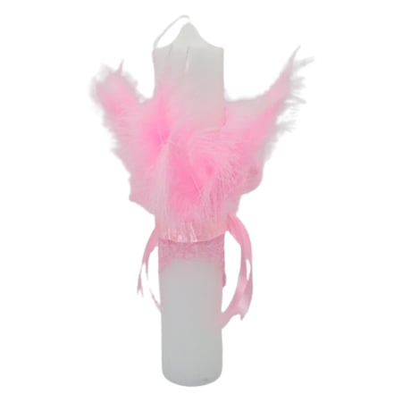 Lumanare din parafina, cu dantela si pene, pentru botez, 35 x 6,5 cm, Mini Junior L1511, Roz [2]