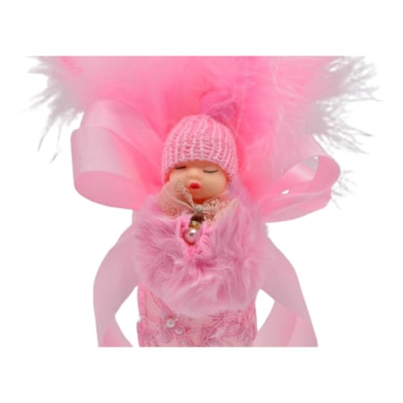 Lumanare din parafina, cu dantela si pene, pentru botez, 35 x 6,5 cm, Mini Junior L1511, Roz [1]