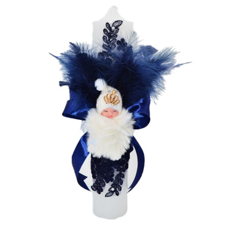 Lumanari botez - Lumanare din parafina, cu dantela si pene, pentru botez, 35 x 6,5 cm, Mini Junior L1511A, Albastru