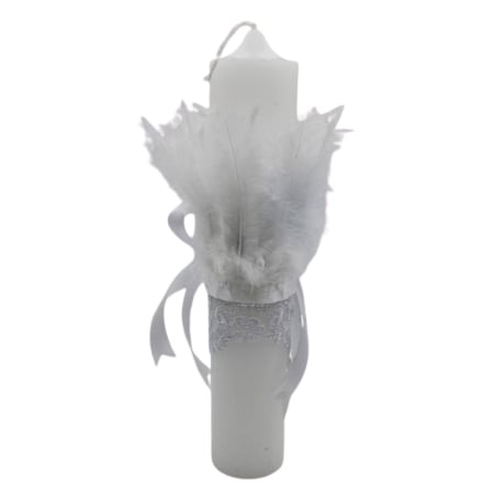 Lumanare din parafina, cu dantela si pene, pentru botez, 35 x 6,5 cm, Mini Junior L1511A2, Alb [1]