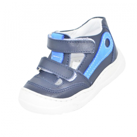 Pantofi cu siret si scai baieti - Pantofi ortopedici din piele, cu talpa flexibila, pentru baieti Small Foot, SB19A, Albastru inchis