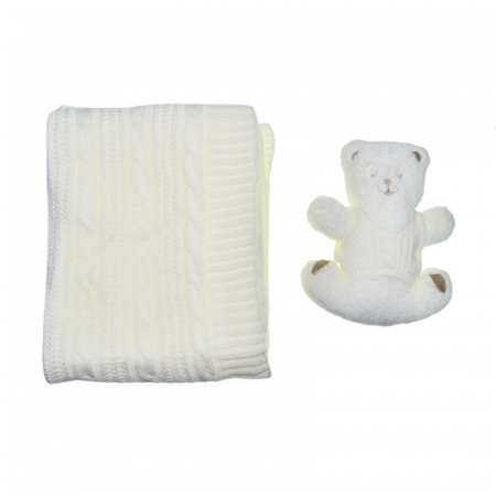 Paturici si pleduri bebelusi - Set pentru bebelusi cu paturica si jucarie de plus ursulet 85 x 95 cm Mini Junior PTR-MJ1, Crem