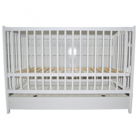 Patut din lemn masiv de pin cu sertar, 2 nivele de inaltime, 3 bari detasabile si o parte laterala detasabila 120 x 60 cm pentru copii Drewex Lulaya Delux 004419, Alb [2]