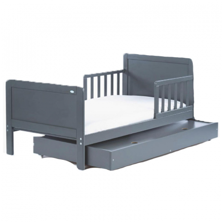 Patut din lemn masiv de pin cu sertar si doua protectii laterale semi-inchise 140 x 70 cm pentru copii Drewex Olek 005065, Gri [1]