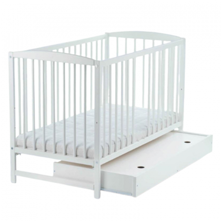 Patut din lemn masiv de pin cu sertar, 2 nivele de inaltime, 3 bari detasabile si o parte laterala detasabila 120 x 60 cm pentru copii Drewex Lulaya Delux 004419, Alb [1]
