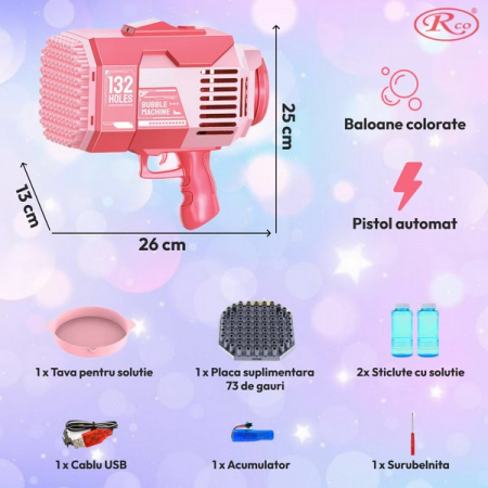 Pistol cu baloane colorate de sapun, cu 2 capete interschimbabile si acumulator, 26x25x13 cm, RCO, WT03, Roz [1]