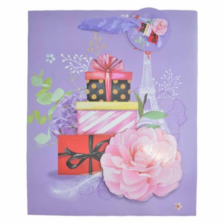 Joaca, activitati si ambalaje - Punga pentru cadouri 3D Happy Birthday din hartie groasa cu manere din snur 23 x 19 x 8 cm Midex 511679, Mov