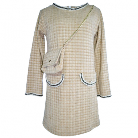 Îmbrăcăminte fete - Set rochie eleganta cu maneca lunga si geanta pentru fete New Collection 350B, Bej