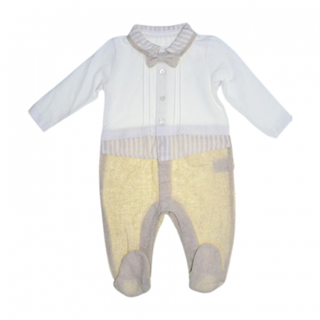 Salopete bebelusi baieti - Salopeta cu papion, cu maneca lunga, pentru baieti, Mini Junior 5609C, Crem
