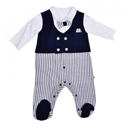 Salopete bebelusi baieti - Salopeta cu papion, cu maneca lunga, pentru baieti, Mini Junior 3792B, Bleumarin
