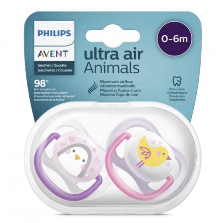Set 2 suzete ortodontice din silicon 0-6 luni Philips Avent Ultra Air Animals SCF080/06 [1]