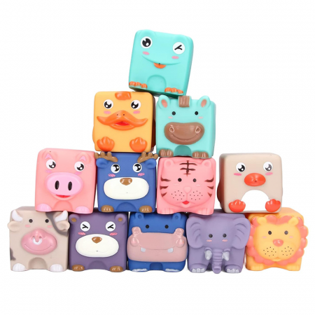 Set 12 cuburi moi cu margini rotunjite pentru bebelusi, Animale 3D, 6 luni+, EB1027 [1]