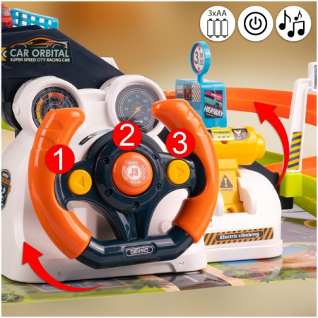 Set 2 in 1, pista cu rampa si parcare pentru masini, cu lift electric si cu volan interactiv, RCO WP8008, Multicolor [7]