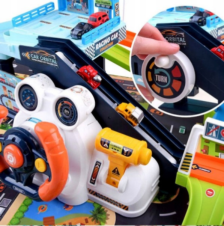 Set 2 in 1, pista cu rampa si parcare pentru masini, cu lift electric si cu volan interactiv, RCO WP8008, Multicolor [9]