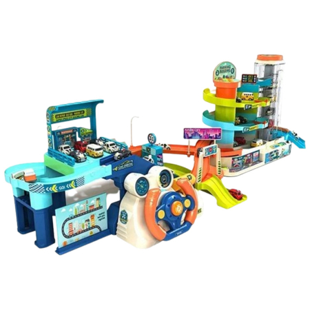 Jucarii interactive - Set 2 in 1, pista cu rampa si parcare pentru masini, cu lift electric si cu volan interactiv, RCO WP8008, Multicolor