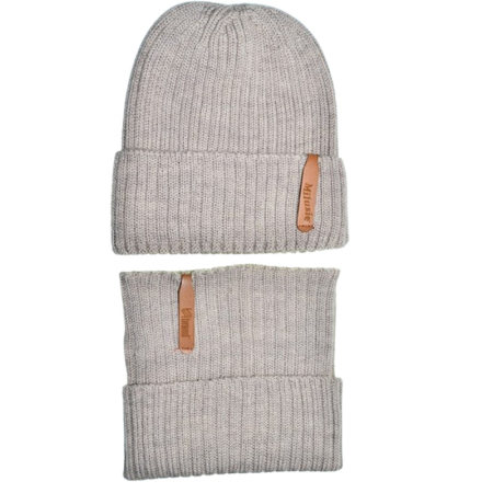 Caciuli fete - Set 2 piese caciula si guler, din lana merinos, pentru fete, Milusie CF3110B2-44-50, Crem