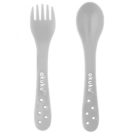 Vesela si tacamuri bebelusi - Set 2 piese lingura si furculita Akuku A0073, Gri