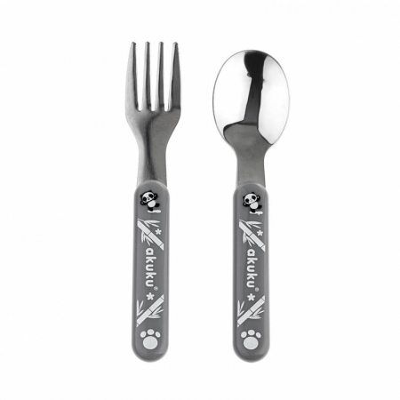 Vesela si tacamuri bebelusi - Set 2 piese lingura si furculita din otel inoxidabil Akuku A0100, Gri