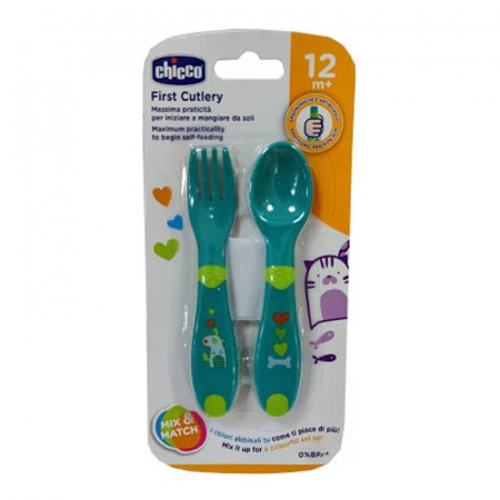 Set 2 piese lingura si furculita Chicco First Cutlery 086627, Verde [1]