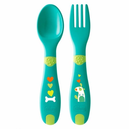 Vesela si tacamuri bebelusi - Set 2 piese lingura si furculita Chicco First Cutlery 086627, Verde