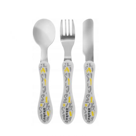 Vesela si tacamuri bebelusi - Set 3 piese lingura,furculita si cutit din otel inoxidabil Akuku A0103, Multicolor