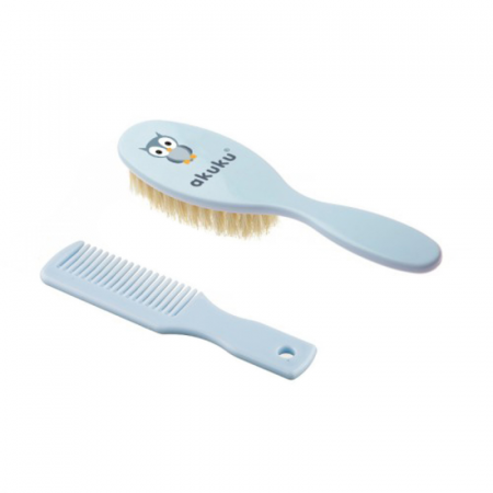 Articole de ingrijire - Set 2 piese pieptan si perie din par natural pentru bebelusi Akuku Bufnita A0457, Albastru