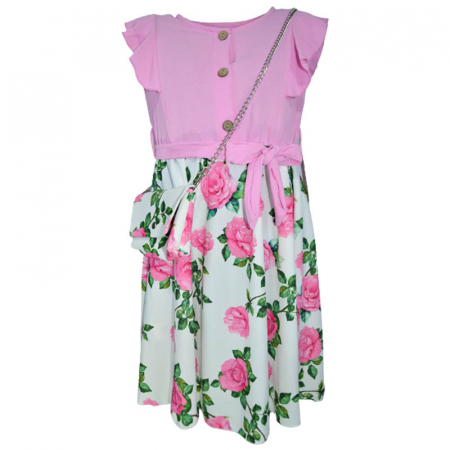 Rochite fete - Set 2 piese rochie eleganta cu maneca scurta si geanta pentru fete New Collection 270323-47, Roz