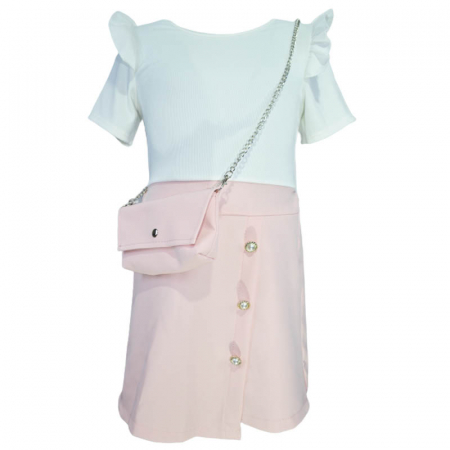 Rochite fete - Set 2 piese rochie eleganta cu maneca scurta si geanta pentru fete New Collection 270323-39, Roz
