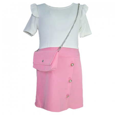 Rochite fete - Set 2 piese rochie eleganta cu maneca scurta si geanta pentru fete New Collection 270323-46, Roz