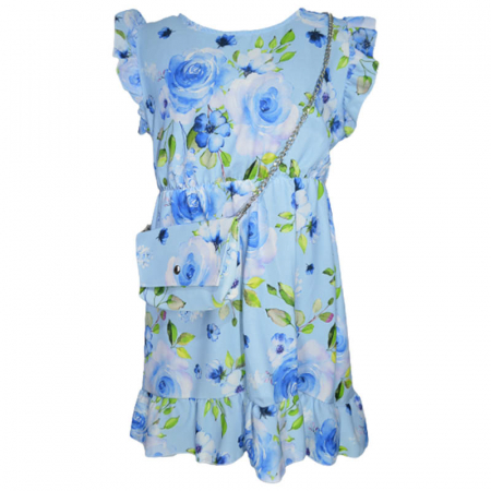 Rochite fete - Set 2 piese rochie eleganta cu maneca scurta si geanta pentru fete New Collection 270323-51, Albastru