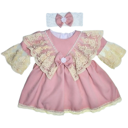 Botezul bebelusului - Set 2 piese, rochie eleganta si bentita, pentru botez, pentru fete, Gabrielle Bebe CA52427-0, Roz