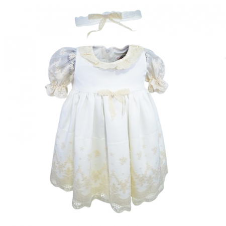 Botezul bebelusului - Set 2 piese rochie eleganta si bentita pentru fete Colibri RCLB-2, Alb