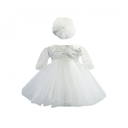 Botezul bebelusului - Set 2 piese rochie eleganta si bentita pentru fete Micul Vip SBF-1, Alb